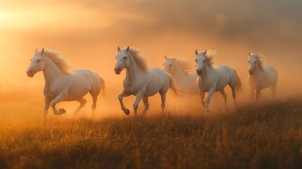 White Horses Running Through Golden Field at Sunset