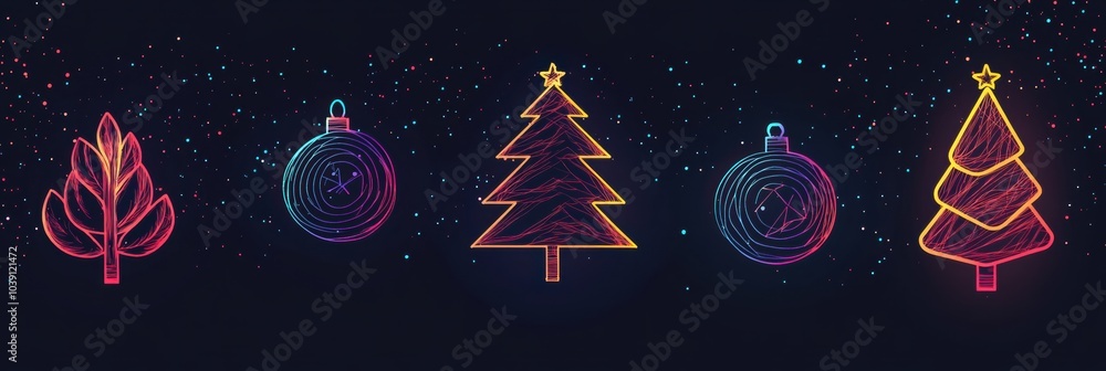 Poster minimalist designs of christmas trees and ornaments shine brightly with glowing lines, creating a fe