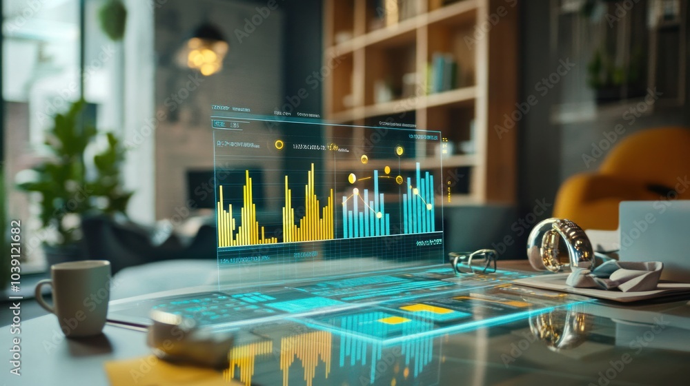 Poster augmented reality financial analysis dashboard with 3d graphs and economic growth metrics