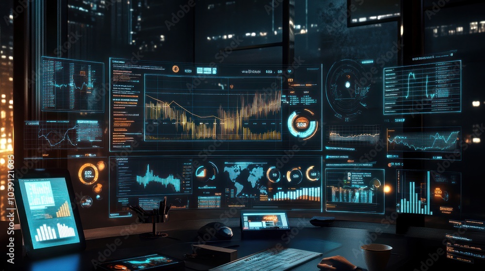 Poster augmented reality financial analysis dashboard with 3d graphs and economic growth metrics