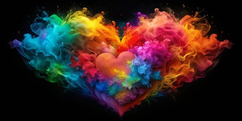 Fototapeta premium A vibrant explosion of colors forming a heart shape with ethereal swirls of smoke against a dark background.