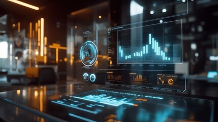 Obraz premium Augmented reality interface for financial analysis with 3D graphs and economic growth projections