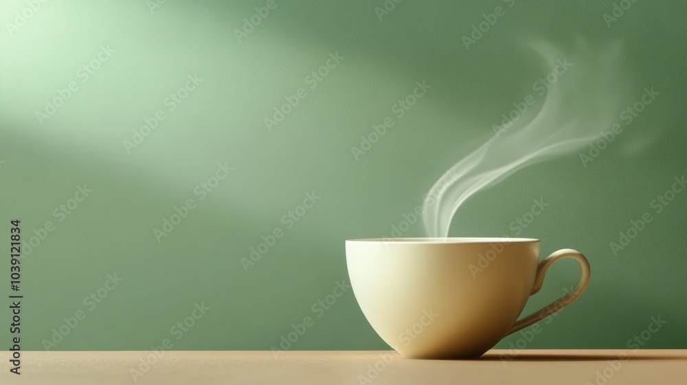 Poster a tea cup releases smooth, curving steam while resting on a wooden table, bathed in warm, gentle lig