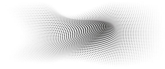 Flowing Wave Dot Halftone Pattern: Curve Gradient Shape on Transparent Background. Suitable for AI, Tech, Network, Digital, Science, and Technology Themes.