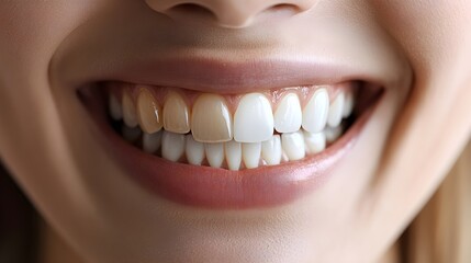 Fototapeta premium Before-and-after photos of a smile makeover, highlighting the dramatic change veneers made in tooth shape and color, Clean Background, Photorealistic