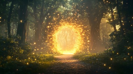 Fototapeta premium Enchanted forest with towering trees encircling a radiant portal, glowing with magical energy, vibrant flora and sparkling particles filling the air