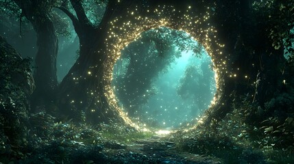 Enchanted forest with towering trees encircling a radiant portal, glowing with magical energy, vibrant flora and sparkling particles filling the air