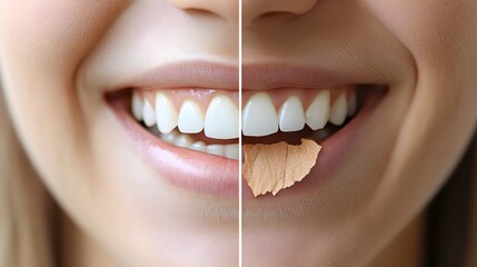 Photograph the change in tooth appearance before and after undergoing a cosmetic bonding procedure to fix chipped teeth