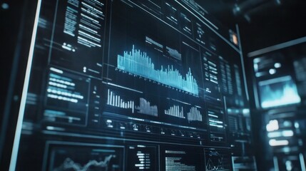 Big data business analysis screen featuring interactive financial graphs and economic growth data