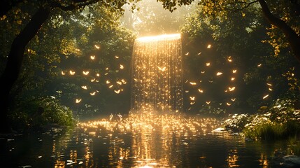 Enchanted grove with a shimmering waterfall at the center, fairies in a delicate ring flight, ethereal wings sparkling under soft golden light