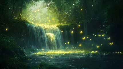 Fairies circling a glimmering waterfall in an ancient grove, soft glowing light reflecting on their wings, mystical energy filling the air