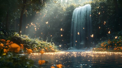 Fairies fluttering around a sparkling waterfall in a magical forest clearing, casting soft, shimmering lights on the surrounding trees and flowers as they move gracefully