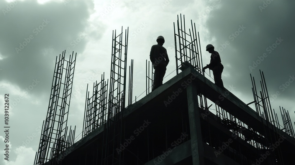 Poster building structure formwork setup, focusing on workers preparing for concrete work