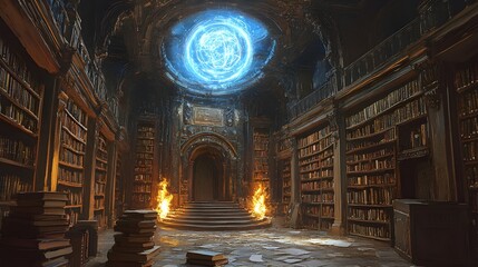 Obraz premium Floating enchanted books hover in a circular library of ancient texts, magical symbols swirling around, shelves lined with worn tomes and mysterious scrolls