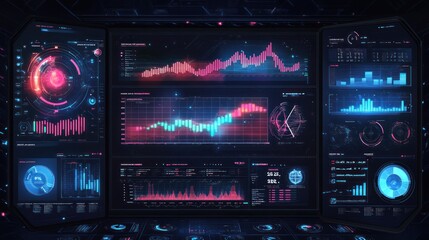 Obraz premium Business analysis screen with big data metrics and interactive charts in a virtual dashboard