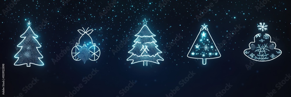 Poster glowing lines create minimalist silhouettes of christmas trees and ornaments, enhancing the festive 