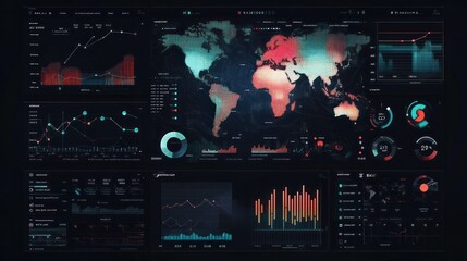 Obraz premium Business intelligence dashboard featuring data analytics, financial growth projections, and global trends