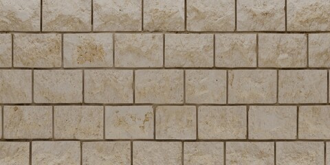 Obraz premium Close up view of a beige stone brick wall. The bricks are rectangular and arranged in a horizontal pattern, with visible mortar lines between them. Interior design concept. Abstract background