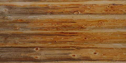 Fototapeta premium Close up view of a wooden surface with a natural, rustic texture. The wood planks are arranged horizontally and display a variety of knots and grain patterns. Weathered and aged appearance.