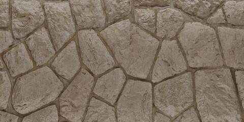 Close up view of a stone wall. The stones are irregularly shaped and fit together like a jigsaw puzzle, with visible mortar filling the gaps between them. Abstract background, wallpaper