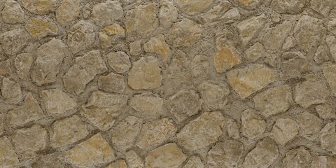 Сlose up view of a stone wall. Irregularly shaped stones of varying sizes and shades of beige and brown, held together with mortar. Rough and rustic appearance. Architecture, design concept. 