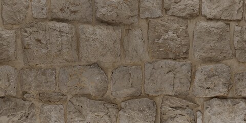 Stone wall made up of rectangular and irregularly shaped stones. The stones are gray and have a rough texture, with visible mortar filling the gaps between them. Abstract background, wallpaper