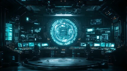 High-tech control room aboard a spaceship, with crew in a circular formation, holographic data streams surrounding them, futuristic UI elements in the air