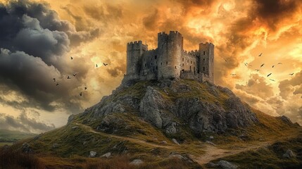 Fototapeta premium A majestic stone castle sits atop a rocky hill, bathed in the golden light of a dramatic sunset. Birds fly overhead against a backdrop of stormy clouds.