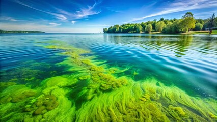 A vibrant underwater landscape of emerald green algae swaying gently beneath the tranquil surface of a shimmering blue lake.