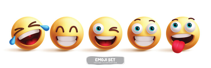 Emoji funny emoticon characters vector set. Emojis emoticon in happy, smile, fun, joy, and cute icon graphic character elements collection. Vector illustration emojis yellow emoticon collection.

