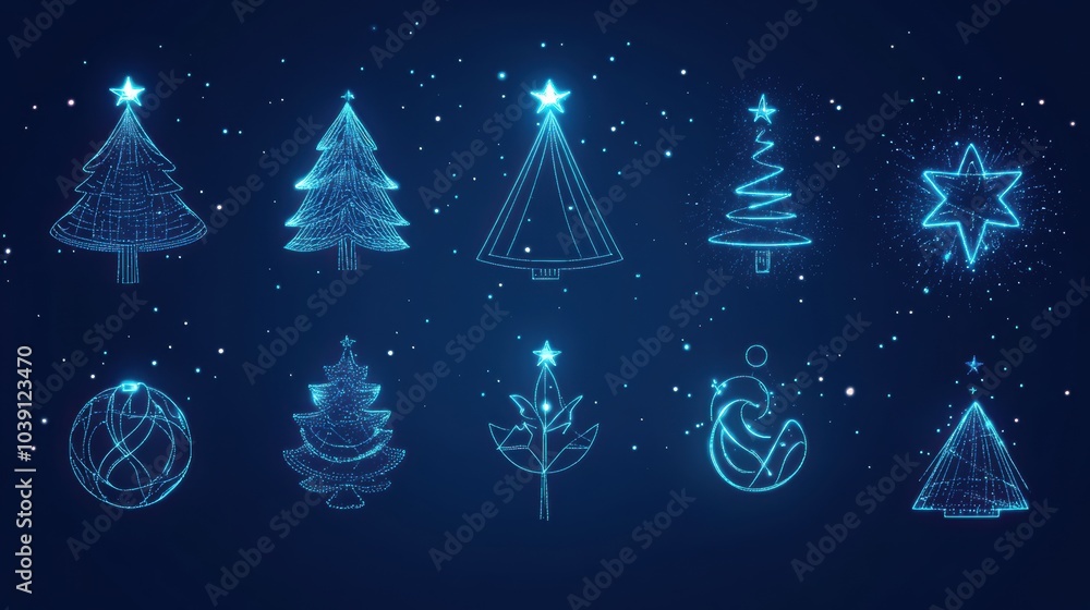 Aufkleber delicate glowing lines outline christmas symbols like trees and ornaments against a dark backdrop, e