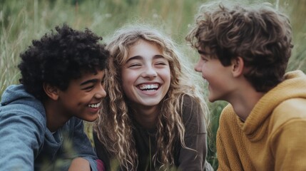 Fototapeta premium Childhood friends reuniting, smiling, and sharing memories