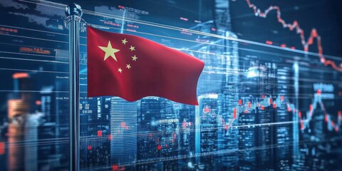 China flag waving alongside economic charts and financial graphs, symbolizing economic growth and stability