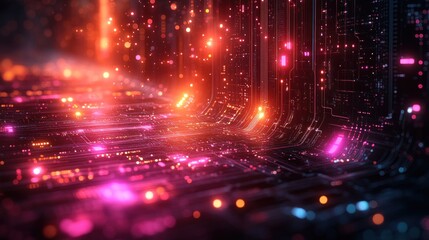 Fototapeta premium Abstract digital landscape with glowing circuits and vibrant lights.