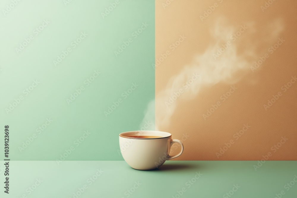 Poster a delicate tea cup releases smooth steam, creating a warm atmosphere on a minimalist two-tone backdr