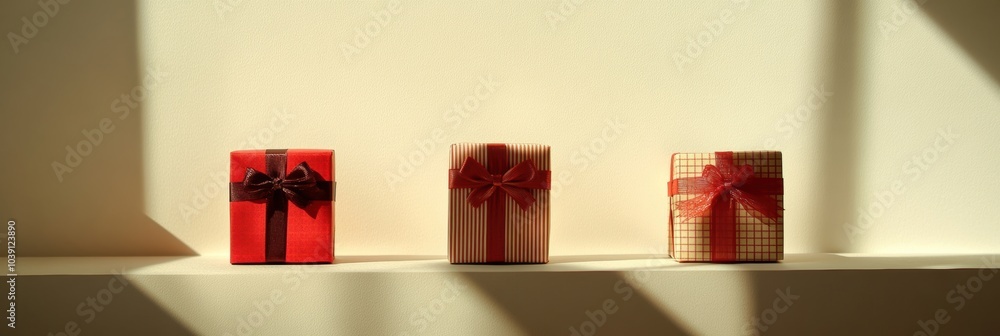 Poster three beautifully wrapped gift boxes with bows are arranged against a soft, light background, creati