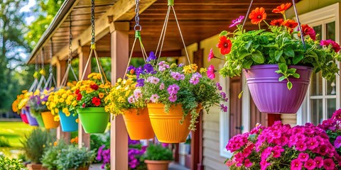 Obraz premium A cheerful row of vibrant hanging flower baskets adorns a wooden porch, their colors creating a symphony of beauty against the backdrop of a lush green garden.