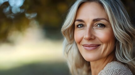 Naklejka premium Active beautiful middle-aged woman smiling friendly and looking in camera. Woman's face closeup. Realistic images without retouching with their own imperfections. Selective focus. 