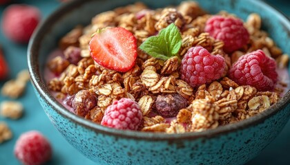 Close-up of granola with berries. A perfect photo for a blog post about healthy eating and breakfast.