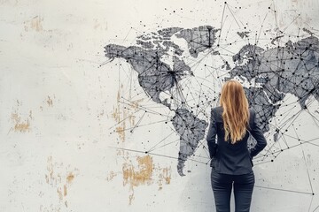 Professional woman examining a world map with connections.