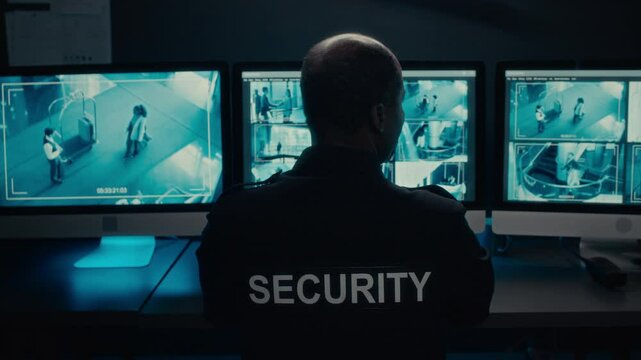 Medium rear shot of black male security guard with bald head, in uniform sitting at desk in front of large screens in dark control room, observing CCTV footage of customers in hotel
