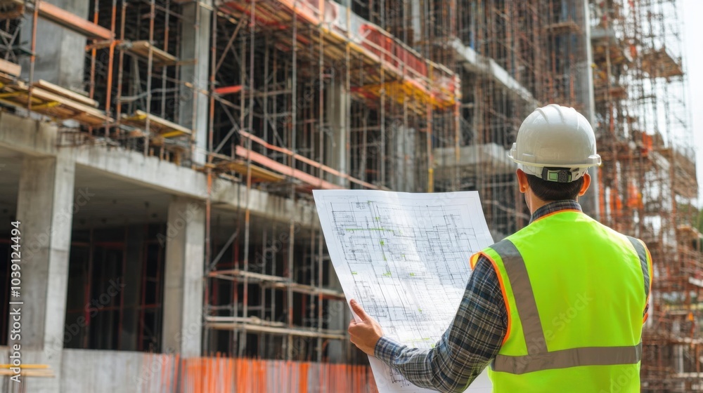 Poster a site engineer in a neon safety vest and hard hat, holding a laser distance meter and standing in f