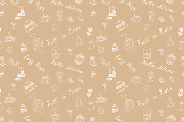 Hand drawn fall template on light brown background Cozy Days, Hello Autumn, Fall in Love. Scarf, candle, mountain ash, tea, sweater, scarf and hat, ball of wool thread, leaves, acorns and mushrooms