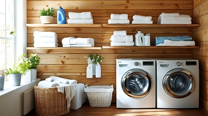 Bright laundry room with wooden shelves for storage and front-loading washers.