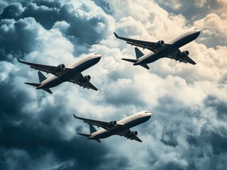 Obraz premium Three airplanes flying through dramatic cloud-filled sky