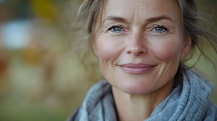 Fototapeta premium Active beautiful middle-aged woman smiling friendly and looking in camera. Woman's face closeup. Realistic images without retouching with their own imperfections. Selective focus. 