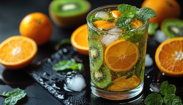 Refreshing drink with kiwi and orange. Perfect for a website or blog post about healthy drinks.