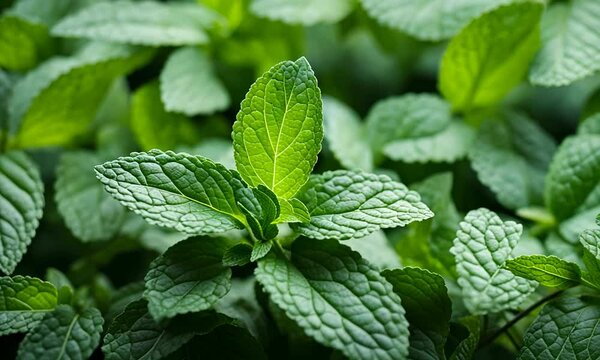 Close-up of vibrant green mint leaves, showcasing their texture and freshness.