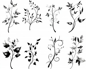 Fototapeta premium Set of 8 black and white floral silhouettes. Perfect for adding a delicate touch to designs, backgrounds, and more.