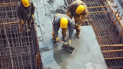 Construction workers pouring concrete into beam formwork at a large building site